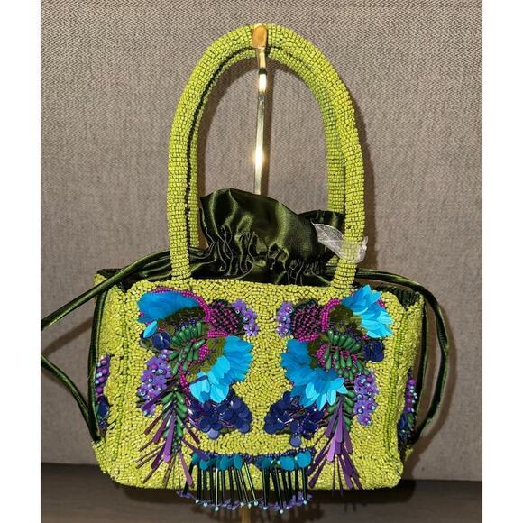 Other Handbags - Green Beaded NWT Viral Handcrafted in India Embellished Drawstring Mini Handbag